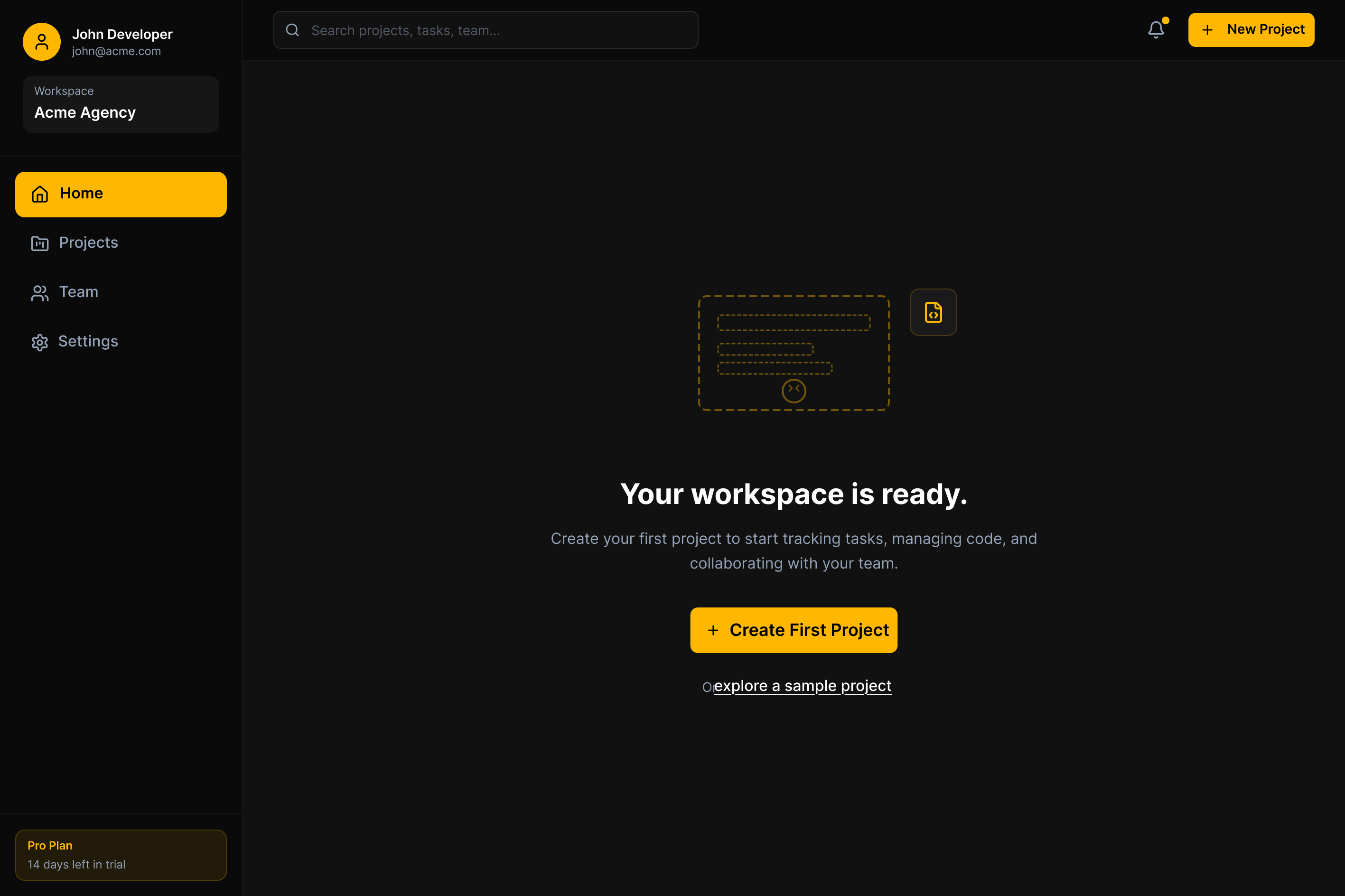 Empty dashboard with first project CTA