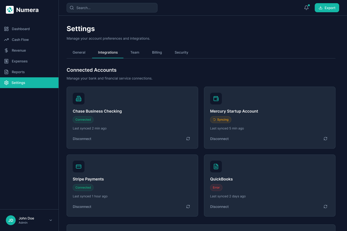 Screen 5, Settings / Integrations