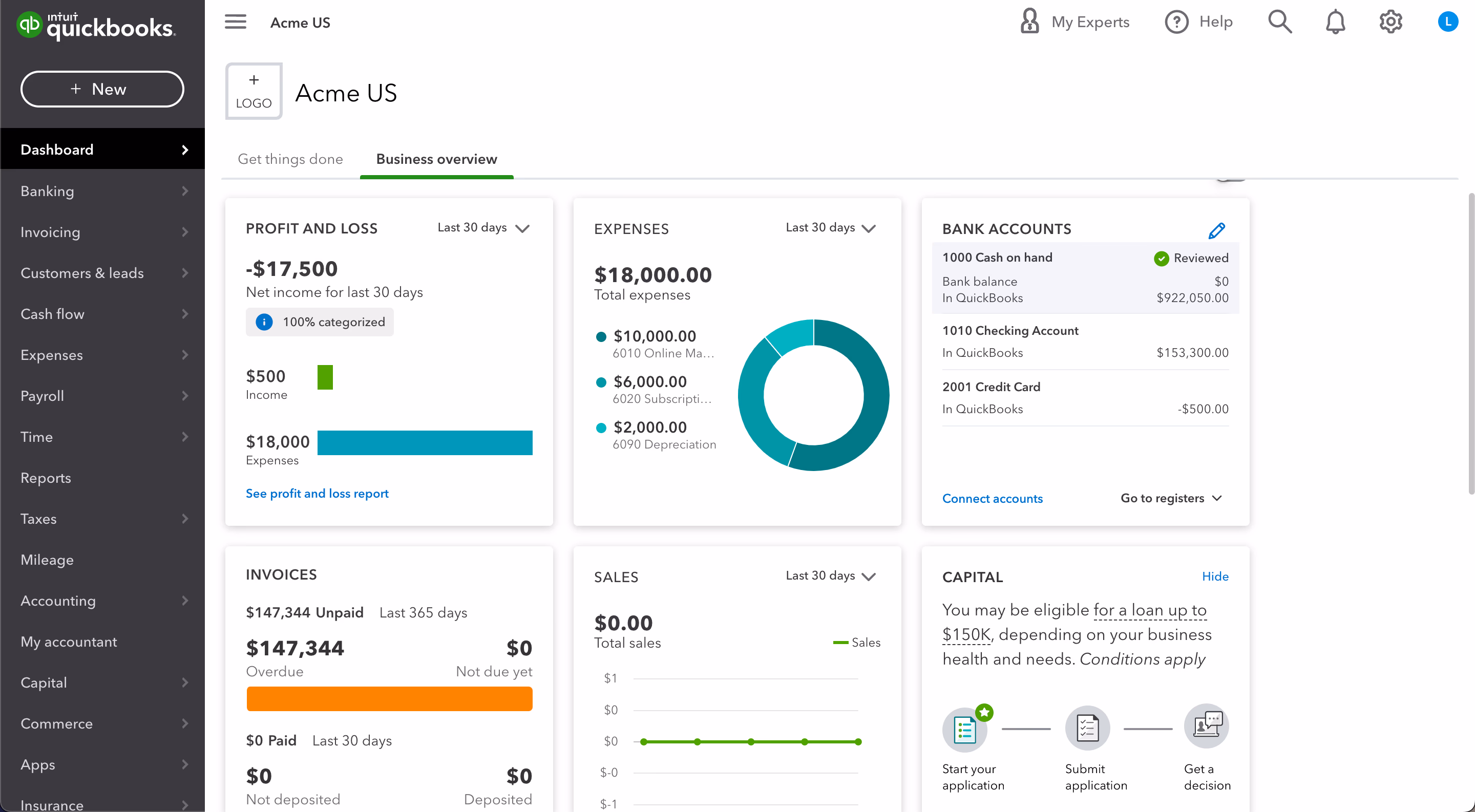 QuickBooks dashboard screenshot