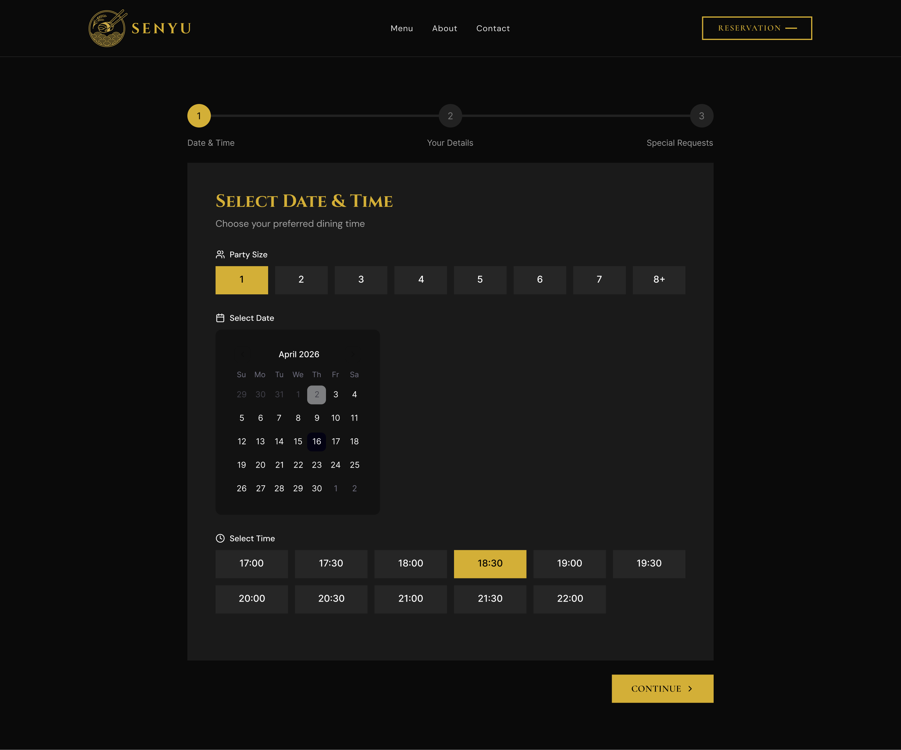 Screen 6, Reservation Step 1 active state