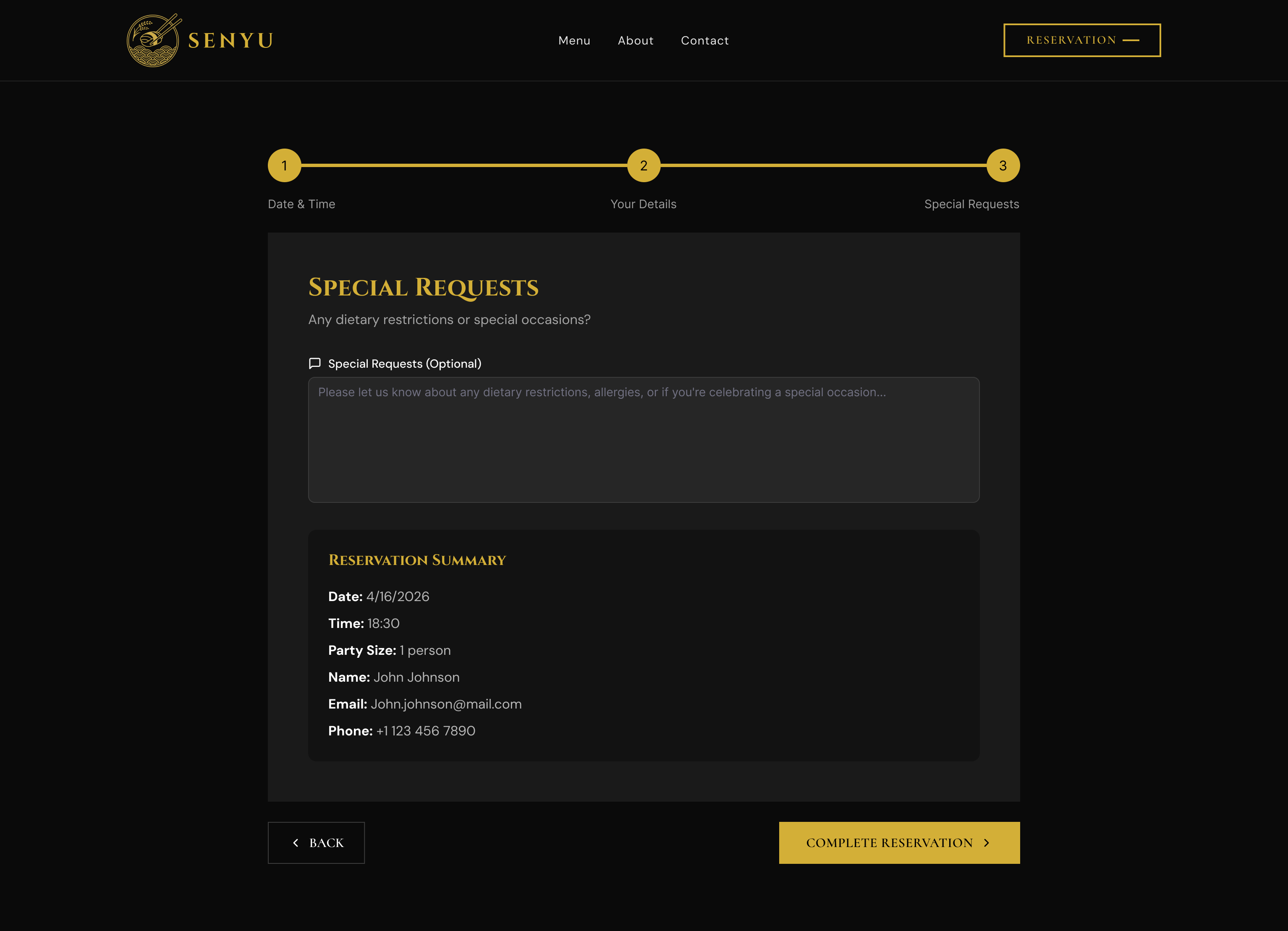 Screen 8, Reservation Step 3 Special Requests