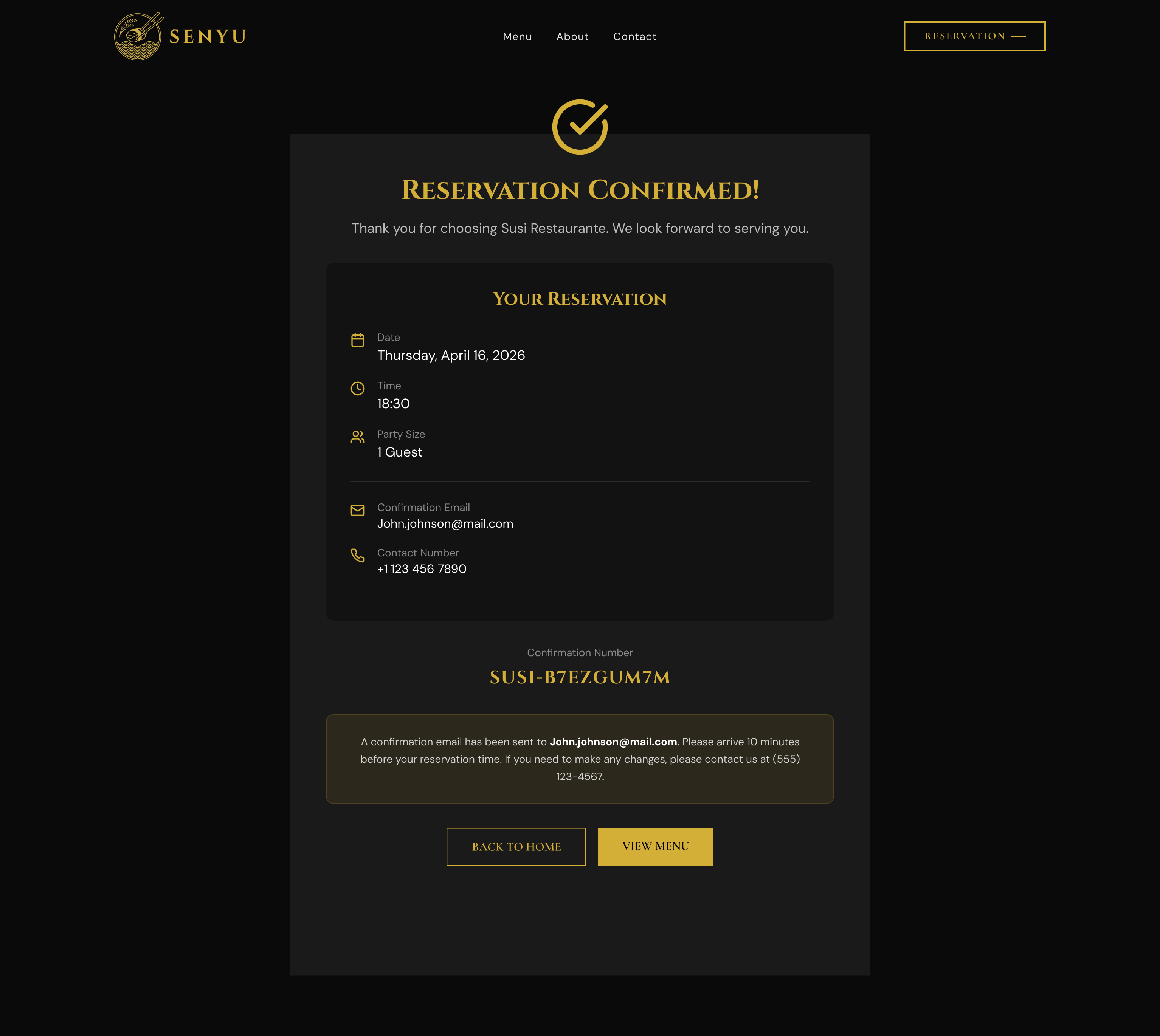 Screen 9, Reservation confirmed